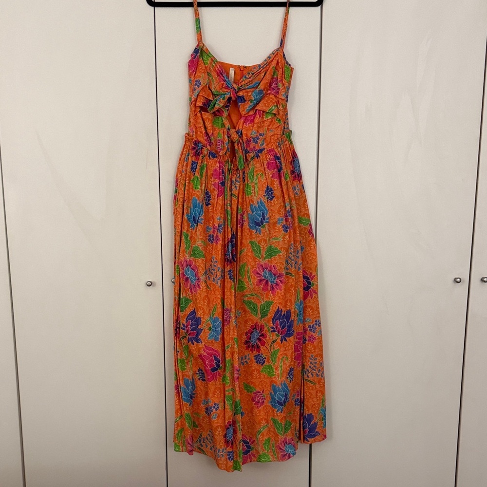 Orange Floral Midi Dress with Bow Detail
